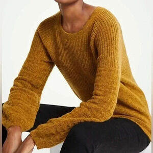 Ann Taylor Wool Blend Sweater Balloon Sleeve Mustard Ribbed Knit Women’s Small
